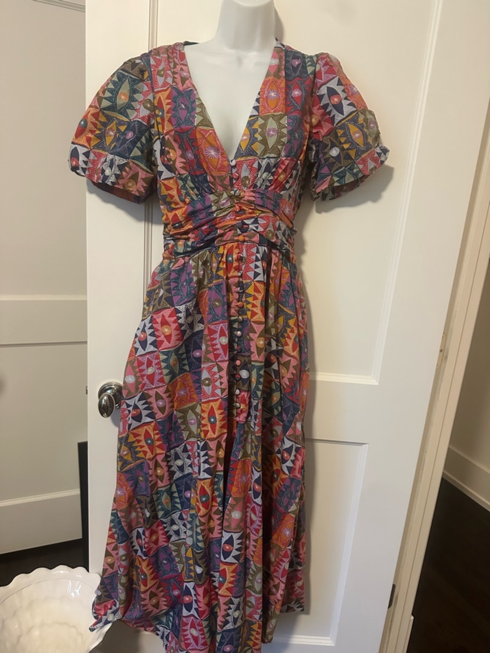 Anthropologie Pink, Orange, Blue Geometric Midi Dress